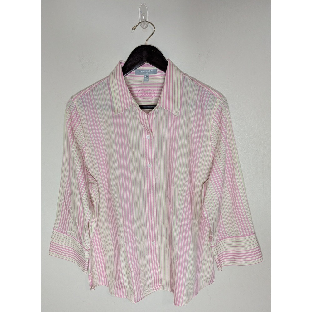 Foxcroft Non-Iron Fitted Pink/Lime Green Striped Button Down Shirt Top Size 16
